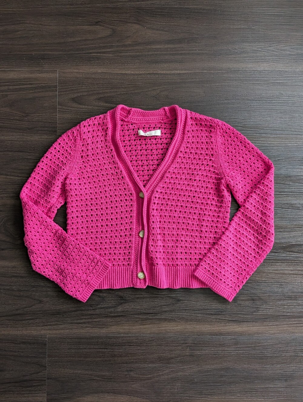 Loft Bright Pink 100% Cotton Open Knit Cardigan Fall Boho Cottagecore Small